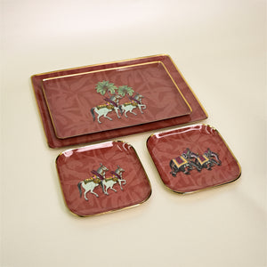 Metal Serving Platters With Quarter Plates, Gift Set of 6 - Royal Rambagh Red