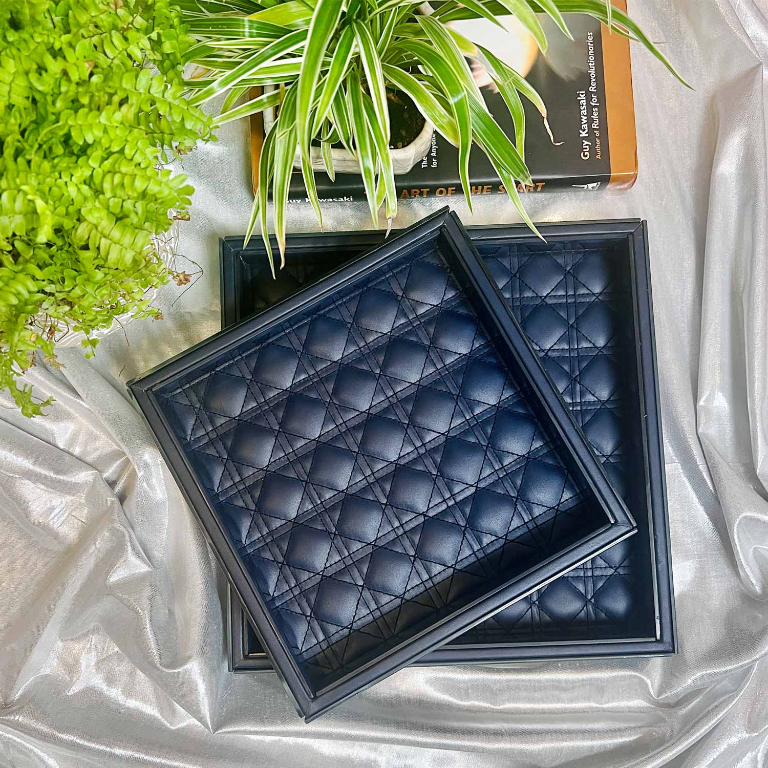 Amadeus Bevelled Glass Square Tray Gift Set of 2 - Midnight Blue