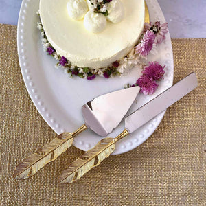 Cake Server & Knife Duo - Gold Feather