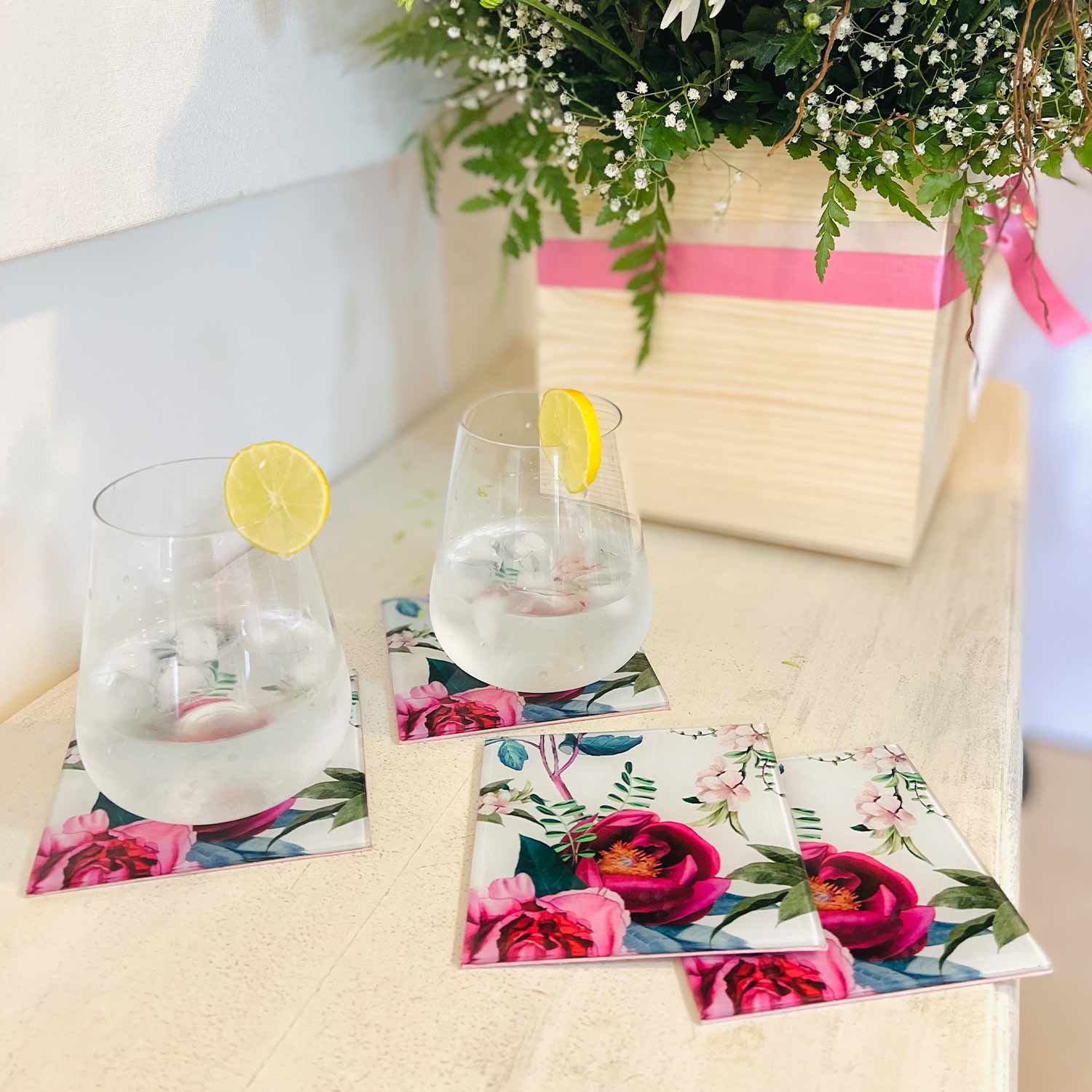 Glass Coasters, Set of 4  - Tudor Blooms
