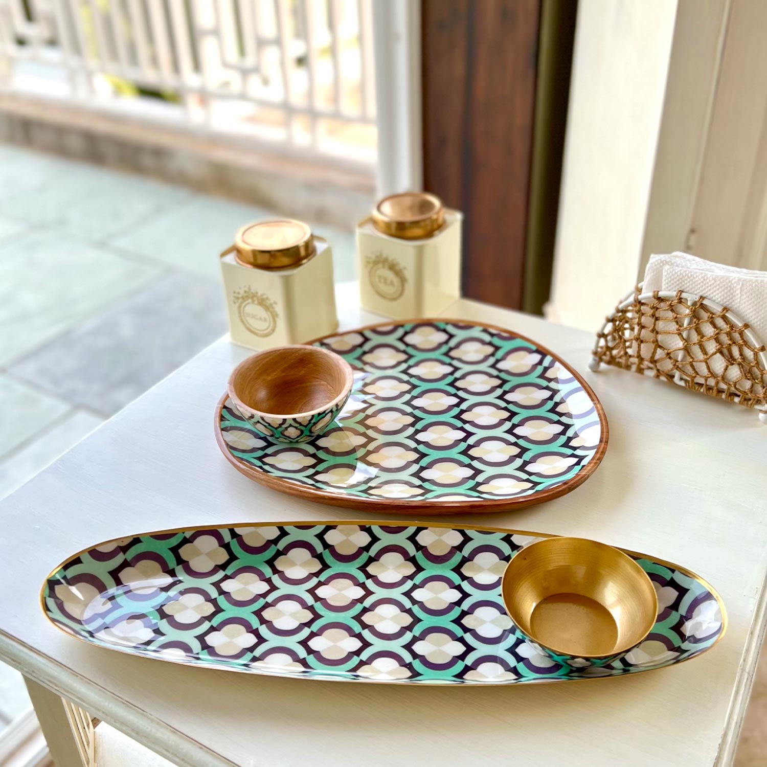 Oval Platters With Dip Bowls, Gift Set of 2 - Moroccan Mint