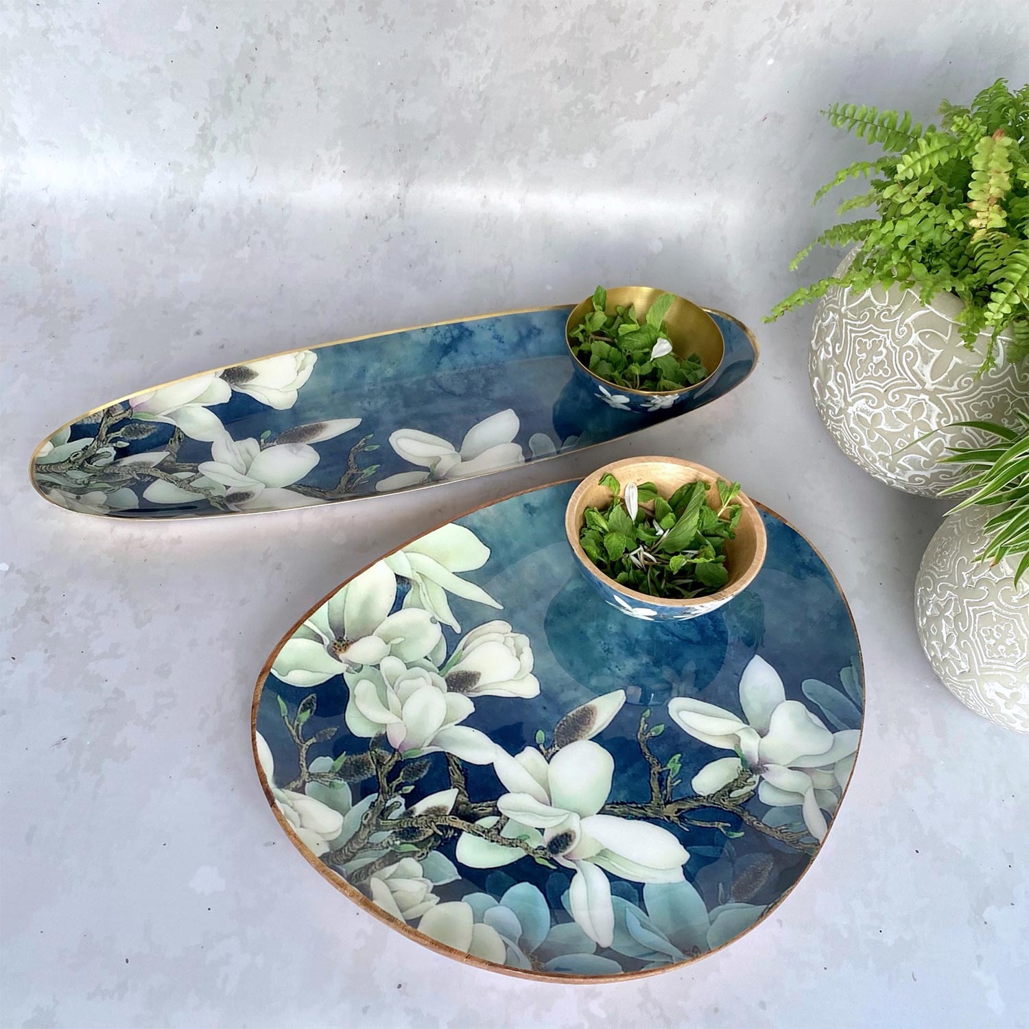 Oval Platters With Dip Bowls, Gift Set of 2 - Ceylon Dusk