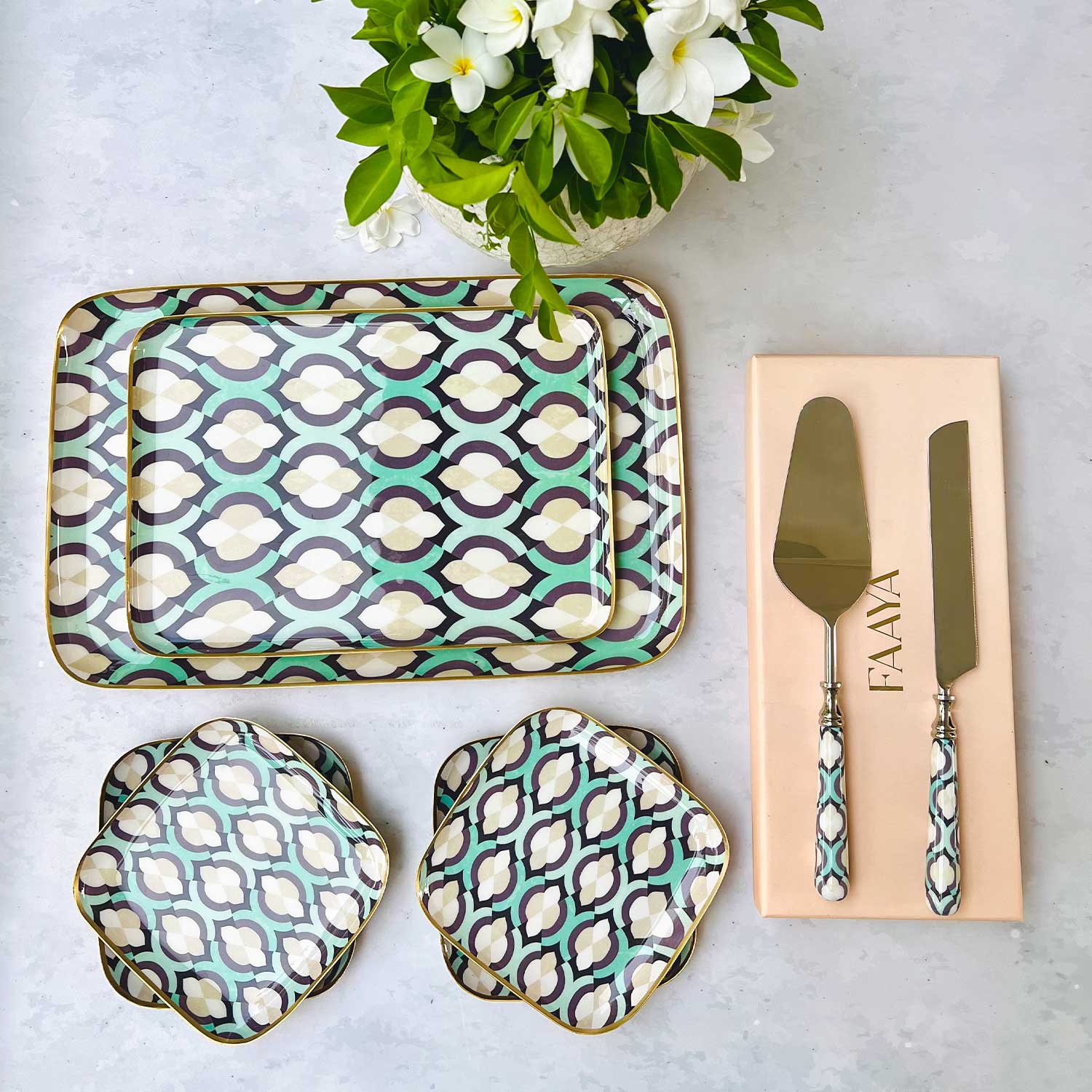 Serving Platters With Server & Knife Duo, Gift Set of 8 - Moroccan Mint
